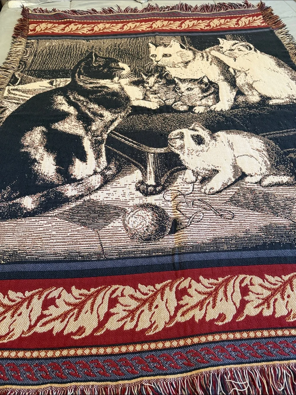Vintage Cottagecore 100% Thick Cotton Tapestry Style Fringed Throw, 65”x48”